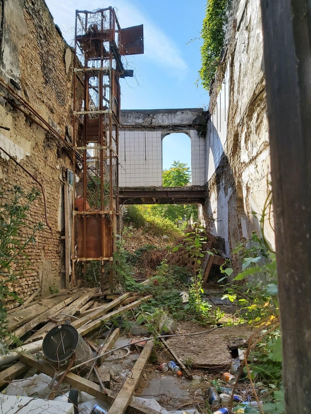 Abandoned ruin of restaurant with the food lift still standing