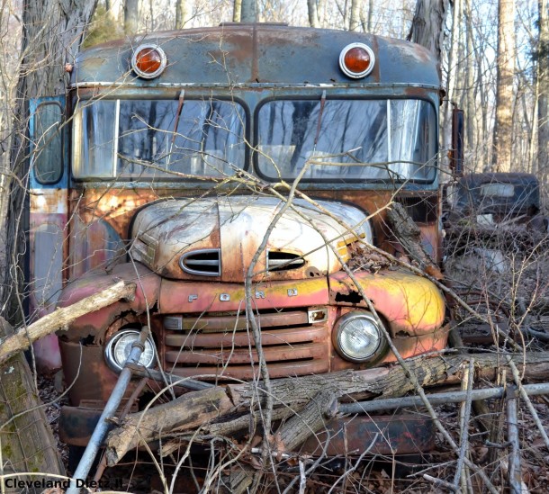 Abandoned school bus in the woods nowhere near a road Bloomington Indiana USA 