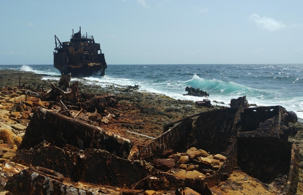 Abandoned shipwreck left to decay on Klein Curacao 