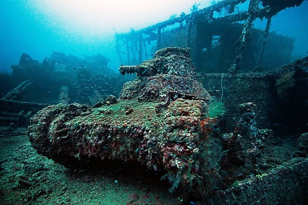Abandoned tank underwater in the Truk Lagoon Micronesia 