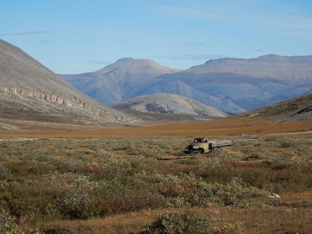 Abandoned truck in the wilderness CANOL Trail NWT Canada