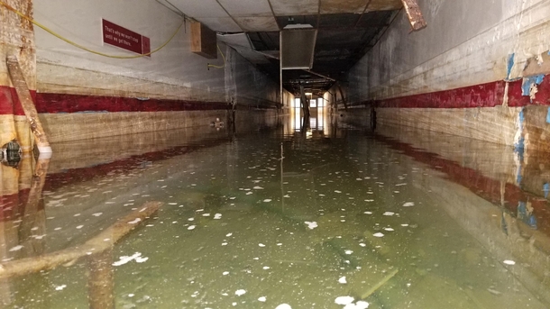 Abandoned underground personnel tunnel full of water