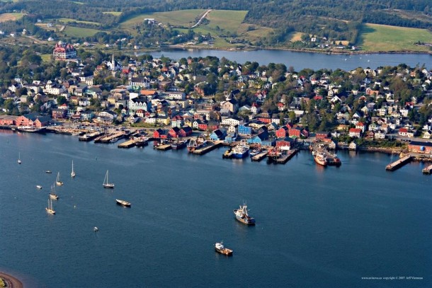 Aerial photo of picturesque Lunenburg Nova Scotia A UNESCO World Heritage Site and birthplace of the schooner Bluenose thats portrayed on the Canadian dime 
