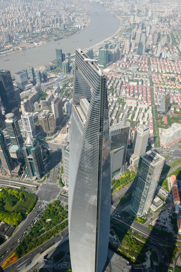 aerial shot architecture Shanghai World Financial Center