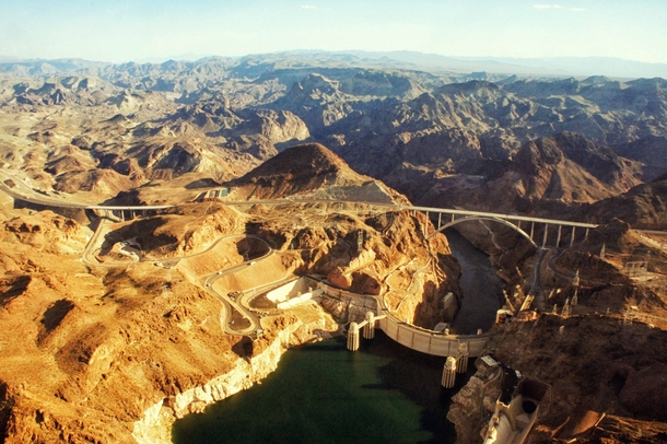 Aerial shot of the terrific Hoover Dam and Hoover Dam Bypass Bridge 