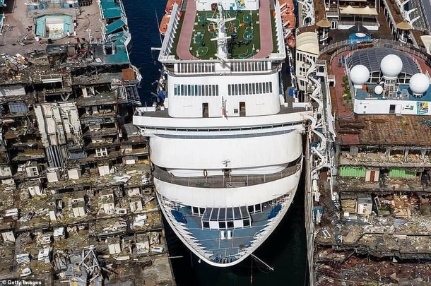 Aerial view at Aliaga Turkey shows the fate and progress of the  cruise ships undergoing scrapping