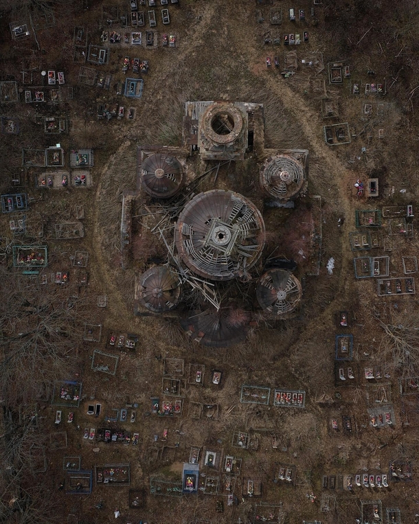 Aerial view of an old Russian church in the village of Fedovo Tver region