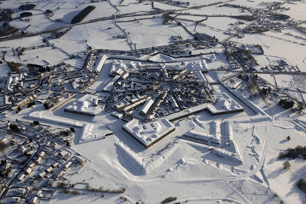 Aerial view of Rocroi France under snow