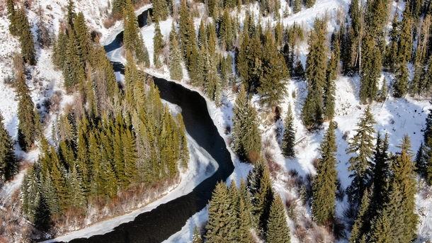 Aerial view of the Blue River in the Rockies near Silverthorne Colorado 
