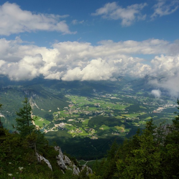 Aerial view of the small town of Berchtesgaden from atop the German Alps 