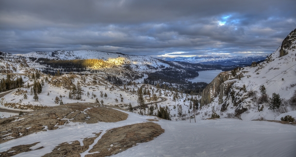 After a day of snowboarding I took this shot of Donner Lake and the Sierra Nevada range 