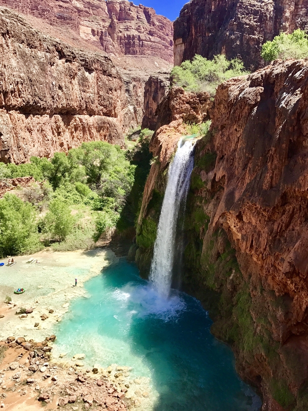 After hiking  MILES into the tributary canyon THIS is the view that made it all worth it Havasu Falls Supai Arizona 