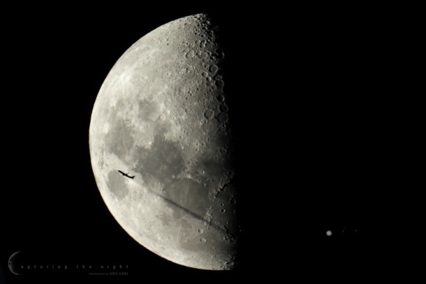 Airplane the Moon and Jupiter all visible in a single exposure 