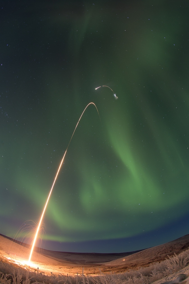 All four stages of the rocket are visible in this time lapse photo of the NASA Oriole IV sounding rocket with Aural Spatial Structures Probe launched from Poker Flats Alaska 