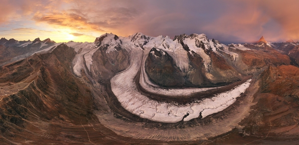 Almost  degree panorama shot of the Gornergrat with Matterhorn in the background from Switzerland during sunrise  - more of my landscapes at IG glacionaut