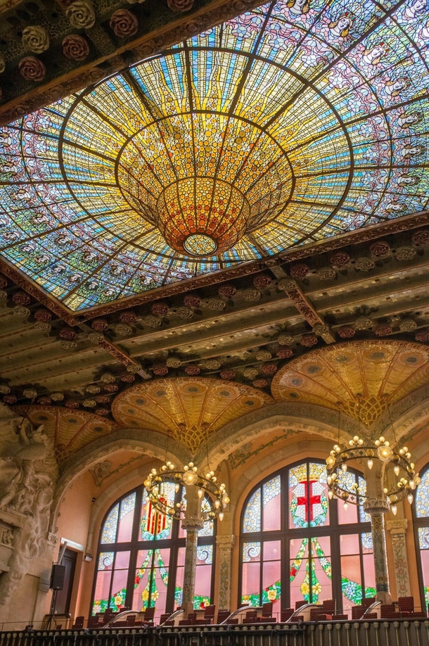 Almost impossible glass ceiling El Palau by Lluis Domnech Montaner in Barcelona Spain  