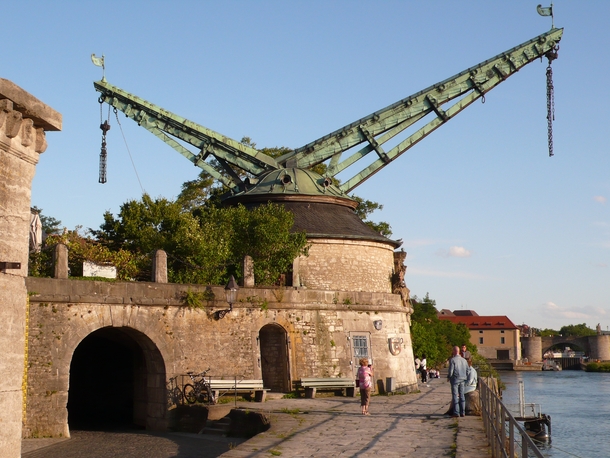 Alter Kranen - a baroque harbor crane with a double boom built in  on the Kranenkai in Wrzburg on the right bank of the river Main 