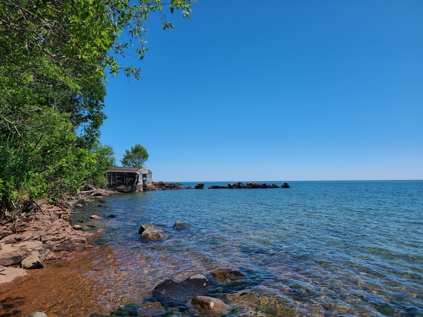 An abandoned fishing shack on the shore of Lake Superior in Minnesota