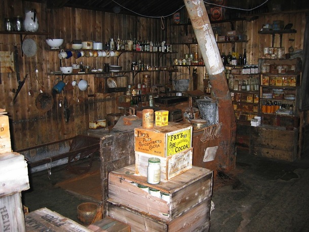 An abandoned fully stocked kitchen used by Ernest Shackletons a polar explorer who led three British expeditions in the Antarctic Left untouched since the Imperial Trans-Antarctic Expedition of  