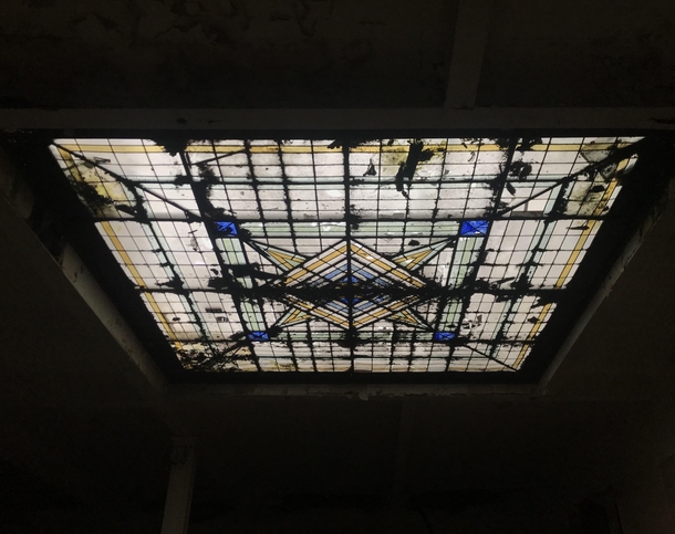 An abandoned hotel skylight