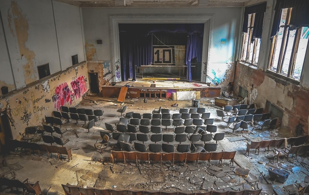 An abandoned middle school auditorium