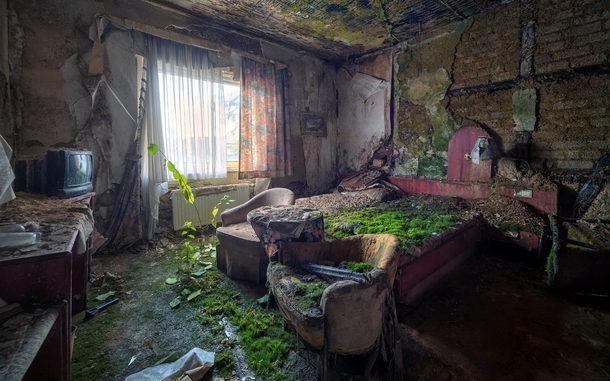 An abandoned moss-covered hotel room 