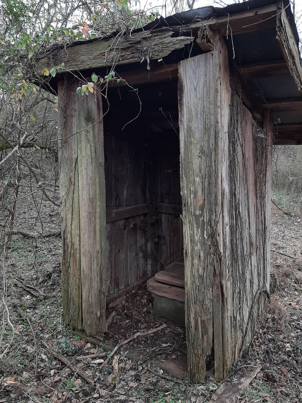 An abandoned outhouse in a lightly wooded area Nearby is a ruined log cabin which was likely used as a cooks house separate from an old plantation house known as Tuskega I spotted a couple of holes in the ground where the structure once stood but was move