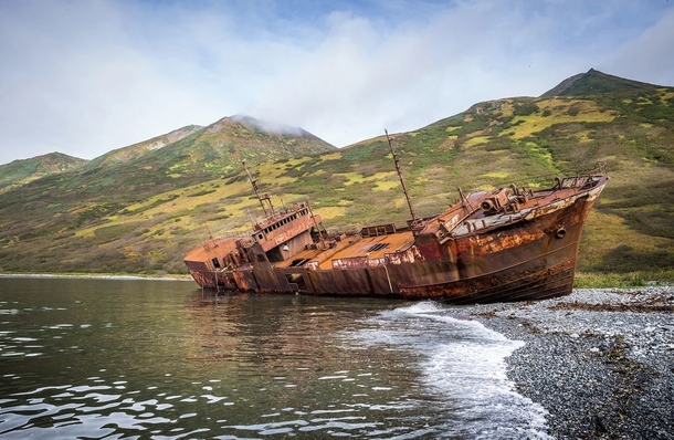 An abandoned ship on a shore of Kamchatka