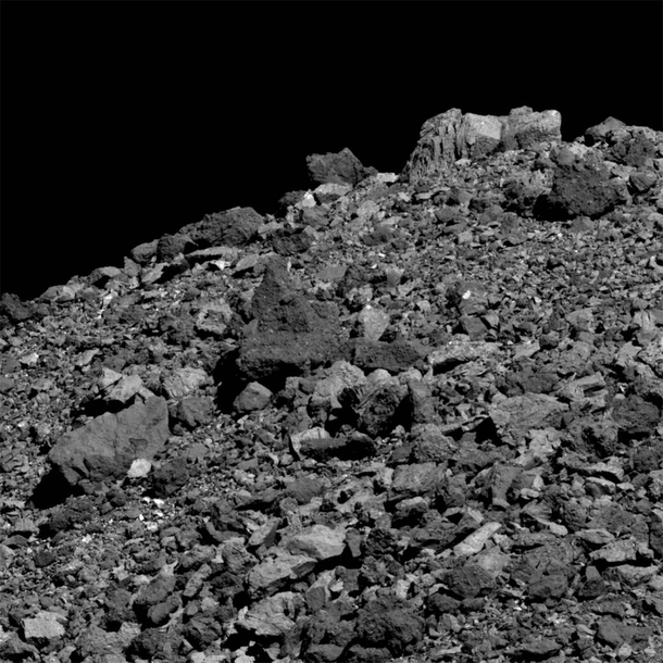 An abundance of boulders litters the surface asteroid  Bennu in this dramatic close-up from the OSIRIS-REx spacecraft