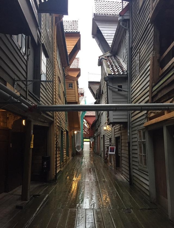 An alley in the old harbour Bryggen Bergen Norway