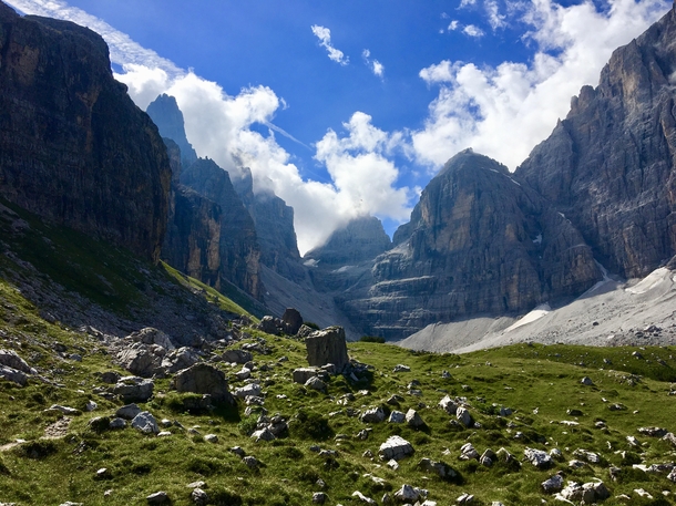 An amazing view from a mountain path in the Dolomites Italy 