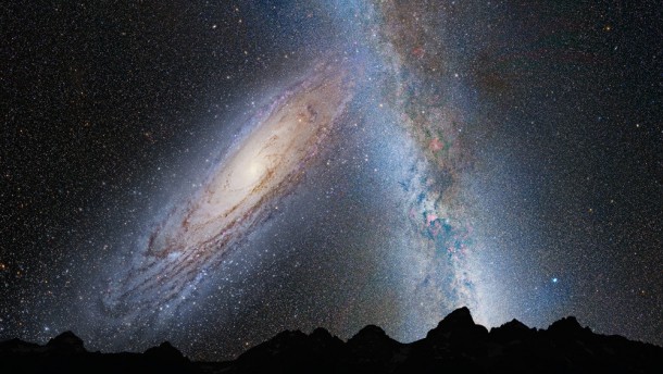 An artist rendering of what a collision between Andromeda and The Milky Way would look like in the night sky in  Billion Years 