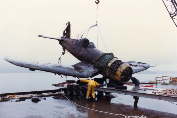 An FU Corsair fighter recovered in  after sitting on the bottom of Lake Washington since  Now at Museum of Flight 