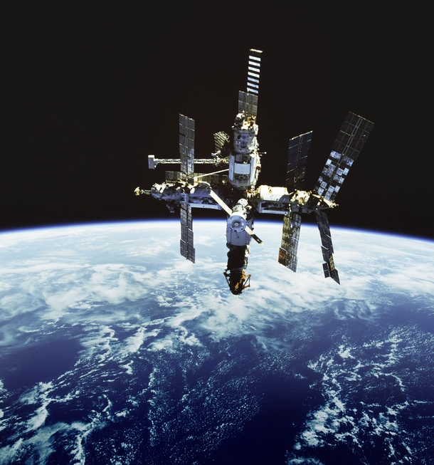 An image of the old Mir space station set against the backdrop of Earth Mir was in operation from  until   Image Credit NASA