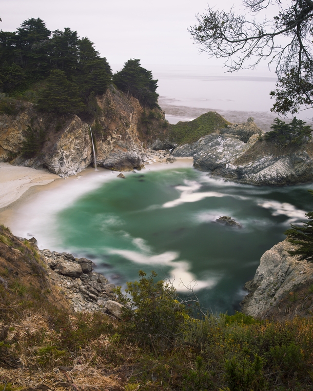 An old shot of McWay Falls on a windy and freezing summer evening Big Sur California