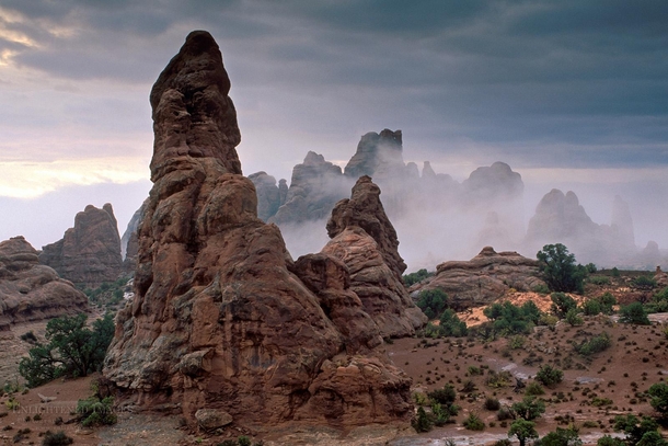 An otherworldly feeling on a stormy morning in Arches National Park Utah 