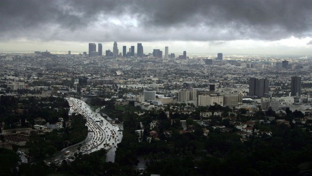 An overview of Los Angeles before a storm 