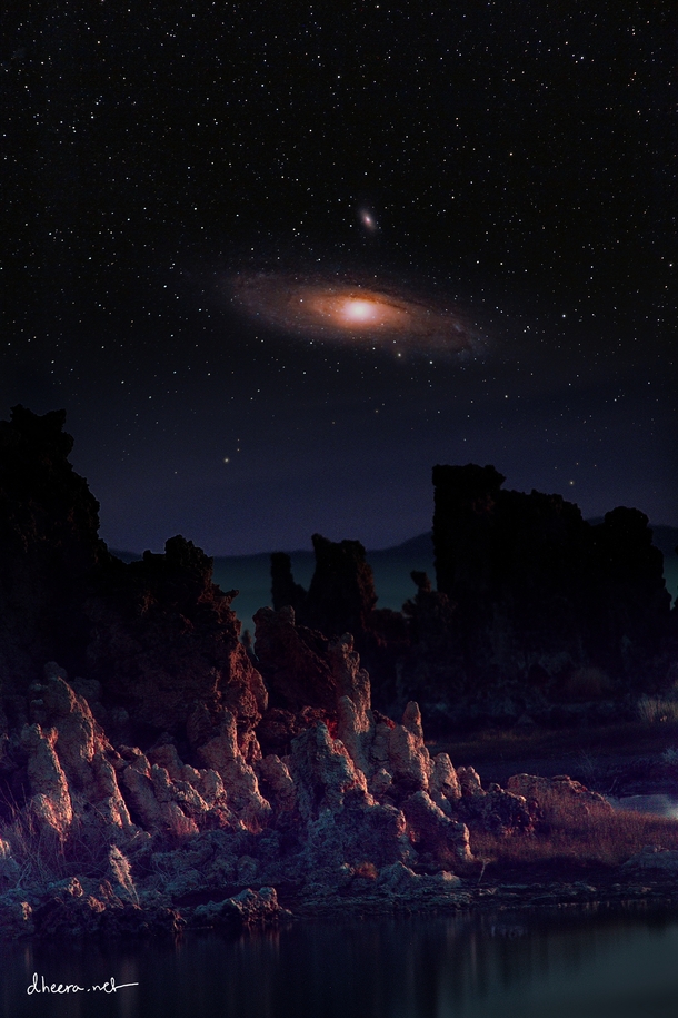 Andromeda rising over tufa rock formations at Mono Lake California USA 