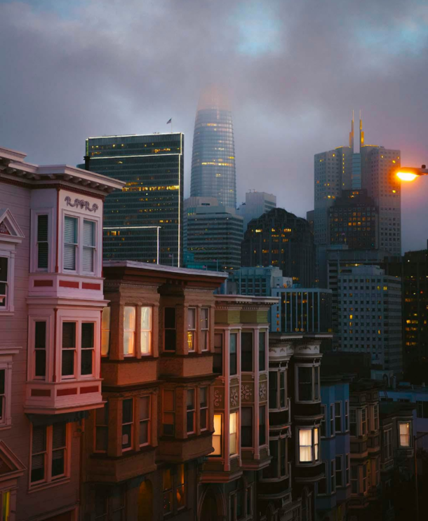 Architecture of San Francisco with m high Salesforce tower in the background