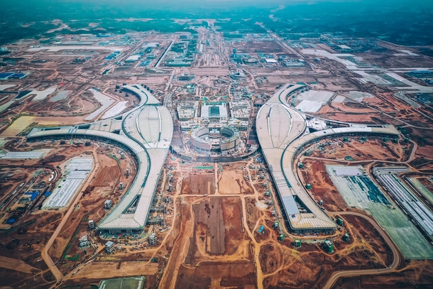 Arial photo of Chengdu Airport under construction Massive construction site