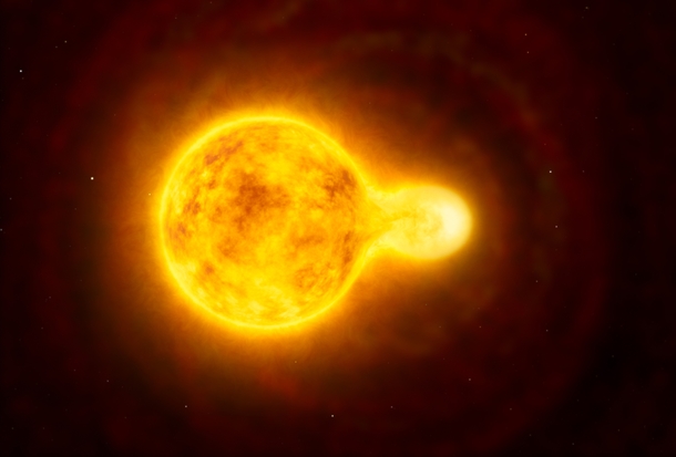 Artists impression of HR  a very rare yellow hypergiant star  times bigger than our Sun Its companion star is in close contact with it 