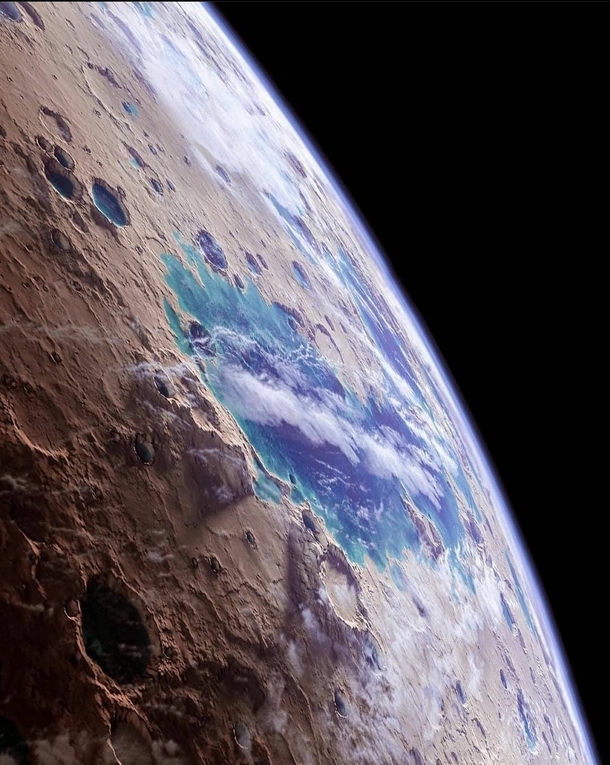 Artists impression of the ancient lakes rivers and seas of Mars