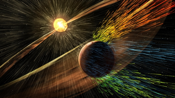 Artists rendering of a solar storm hitting Mars and stripping ions from the planets upper atmosphere Credits NASAGSFC 
