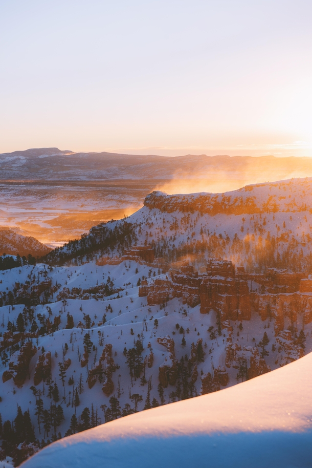 At sunrise wind blew snow up from the hoodoos to resemble mist The entire canyon looked like it was on fire Bryce Canyon UT 