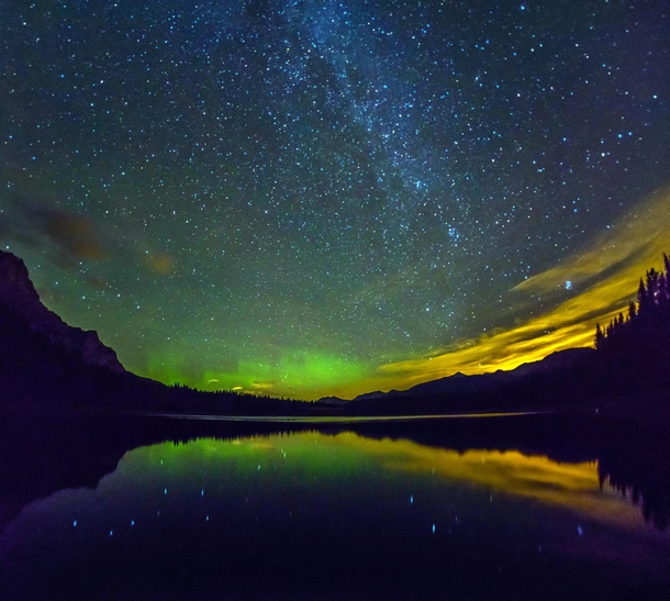 Aurora and Milky Way at Wedge Pond Kananaskis Canada 