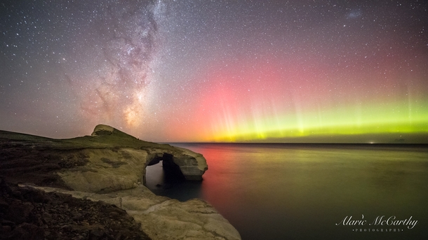 Aurora and Milky Way Over Tunnel Beach Dunedin NZ  
