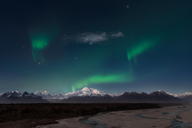 Aurora Borealis over Denali and the Alaska Range 
