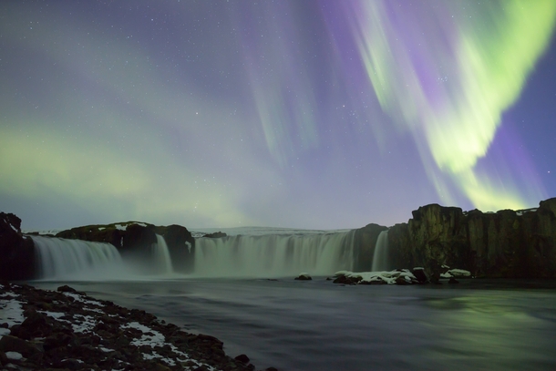 Aurora Over Godafoss Waterfall Iceland 