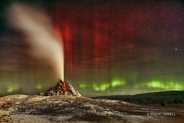 Aurora over White Dome Geyser in Yellowstone National Park 