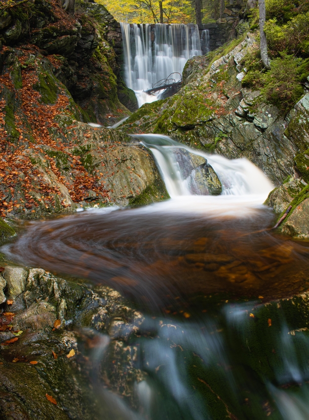 Autumn waterfall in Krkonoe national park Czechia 